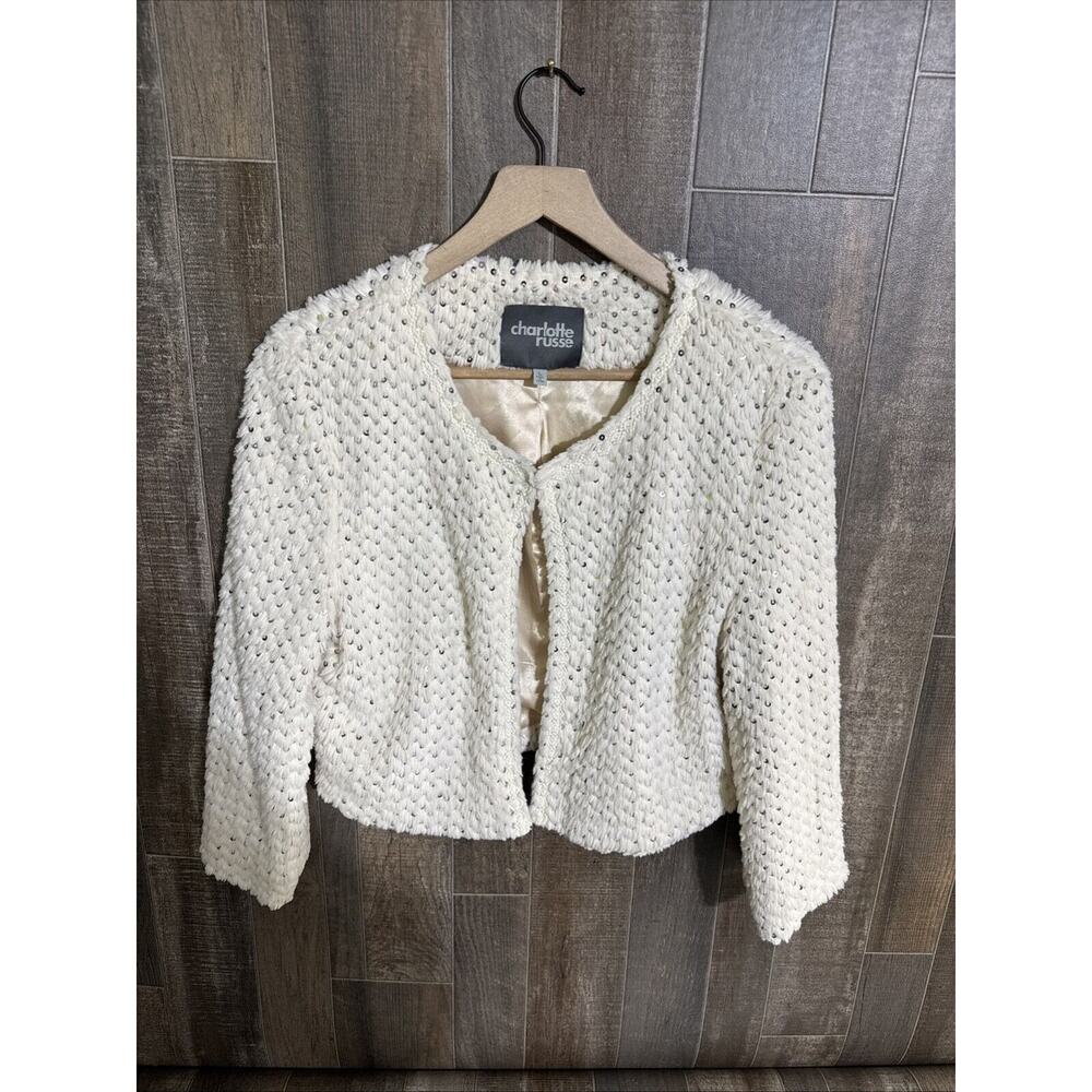 Charlotte Russe White With Sequins Cropped Cardigan, Size‎ Large